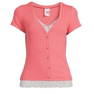 🌺No Boundaries Pink with Lace Trim S/Sleeve Top Sz Lg